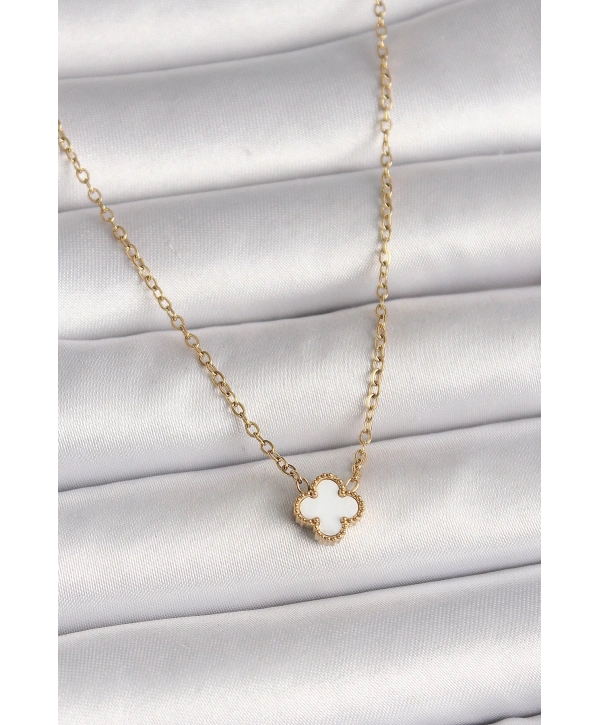 316L Çelik Gold Renk Beyaz Yonca Model Kadın Kolye