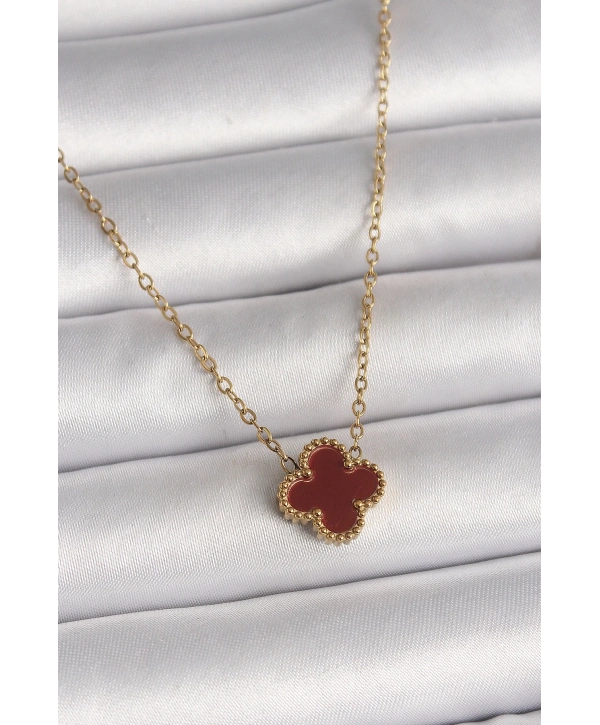 316L Çelik Gold Renk Bordo Yonca Model Kadın Kolye