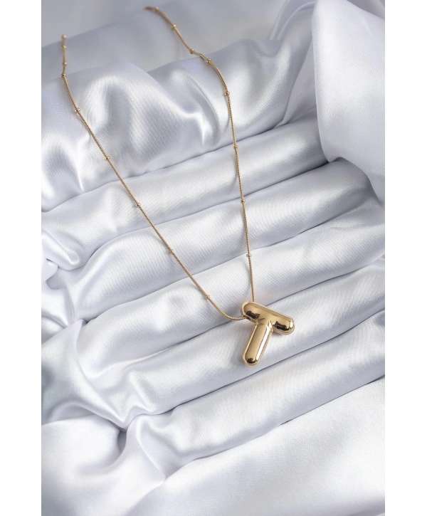 316L Çelik Gold Renk Bubble T Harf Model Kadın Kolye