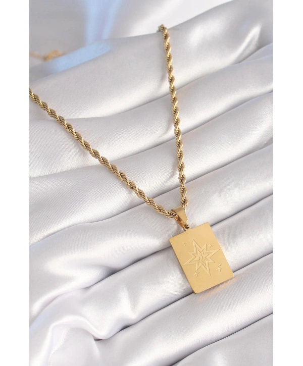 316L Çelik Gold Renk Burgu Zincir Kutup Yıldızı İşleme Plaka Figür Kadın Kolye