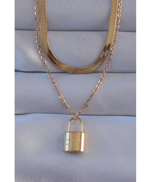 316L Çelik Gold Renk Çift Zincir Kilit Model Kolye