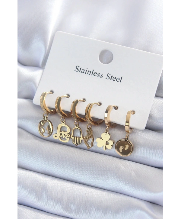 316L Çelik Gold Renk Çoklu Figür Model Kadın Küpe Seti