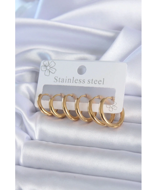 316L Çelik Gold Renk Halka Model Kadın Küpe Seti