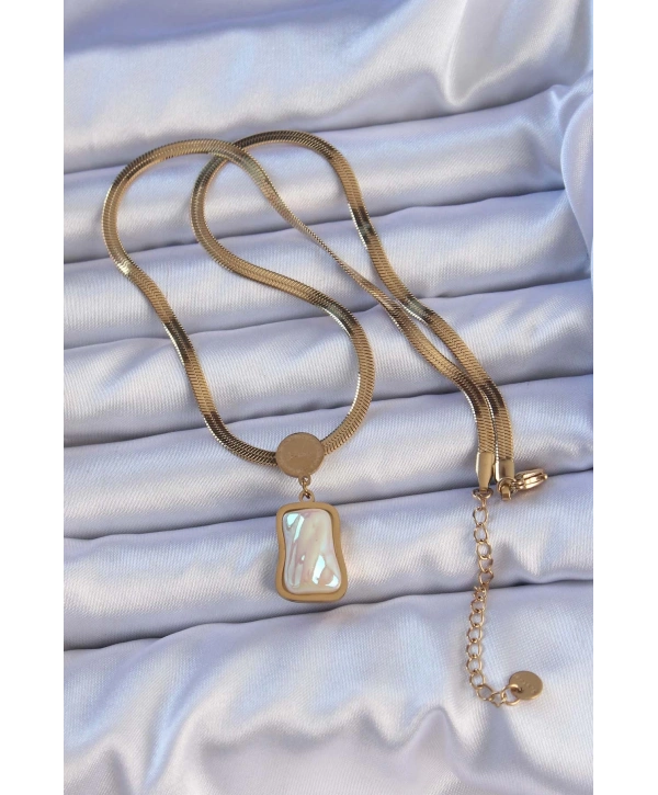 316L Çelik Gold Renk İtalyan Zincir Ezme Taşlı Kolye