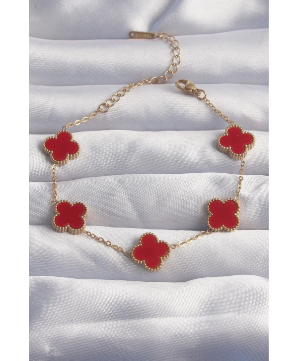 316L Çelik Gold Renk Kırmızı Mineli Yonca Bileklik