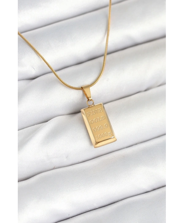 316L Çelik Gold Renk Külçe Altın Model Kolye