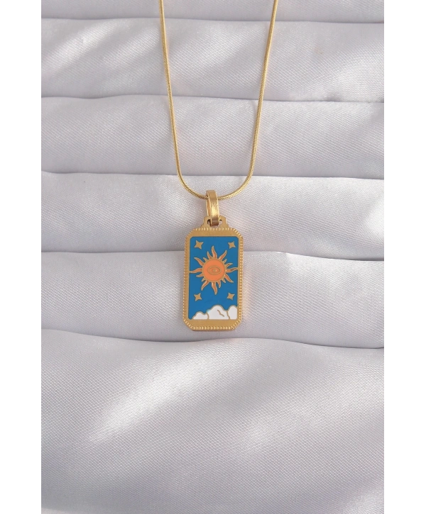 316L Çelik Gold Renk Mavi Mineli Güneş Model Tarot Kolye