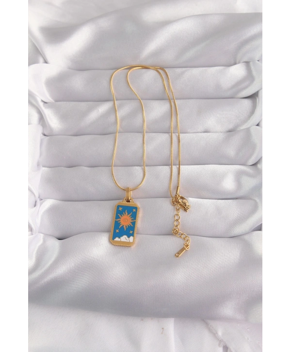 316L Çelik Gold Renk Mavi Mineli Güneş Model Tarot Kolye