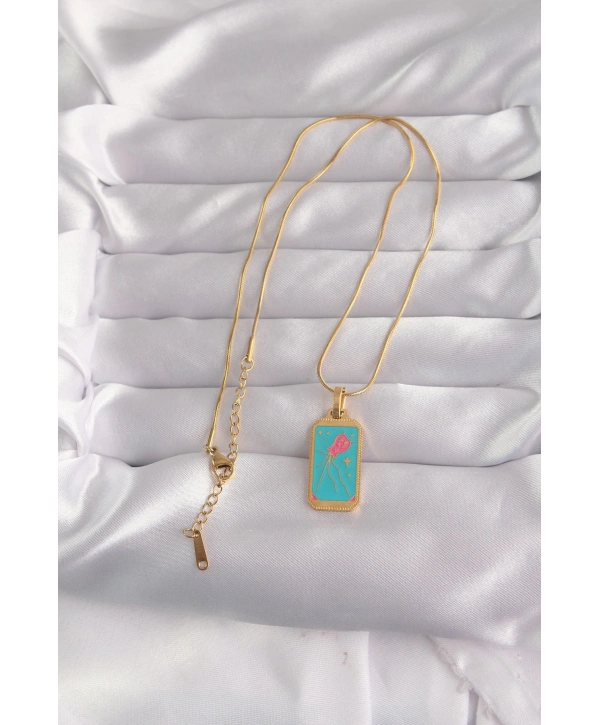 316L Çelik Gold Renk Mavi Mineli Tarot Kolye