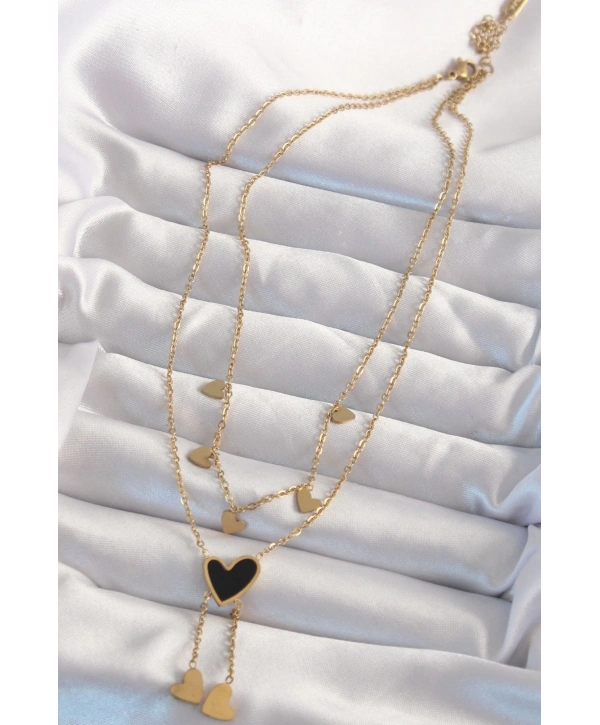 316L Çelik Gold Renk Mineli Çoklu Kalp Kolye