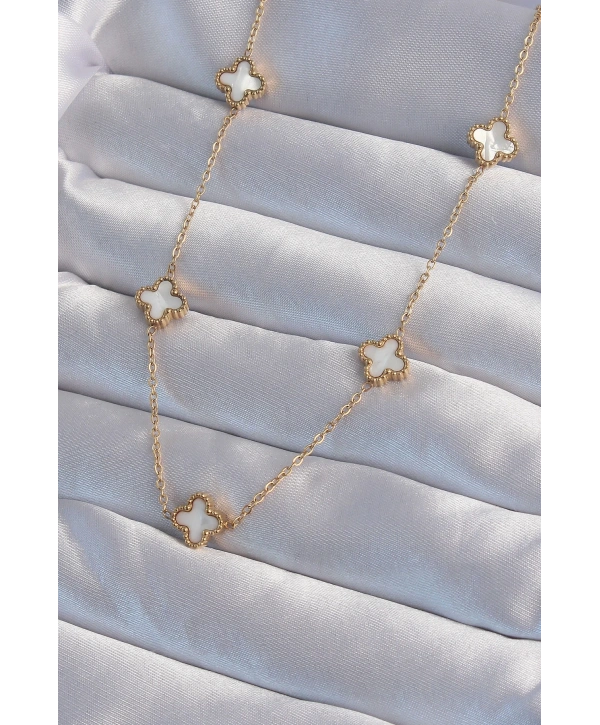 316L Çelik Gold Renk Minimal Beyaz Sedefli Yonca Kolye