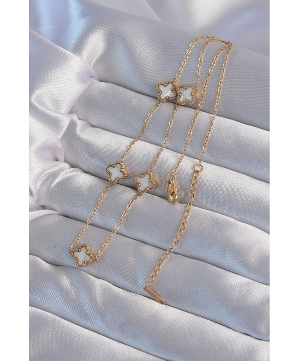 316L Çelik Gold Renk Minimal Beyaz Sedefli Yonca Kolye