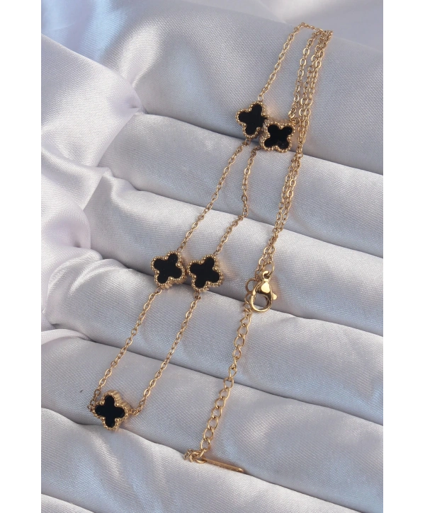 316L Çelik Gold Renk Minimal Siyah Mineli Yonca Kolye