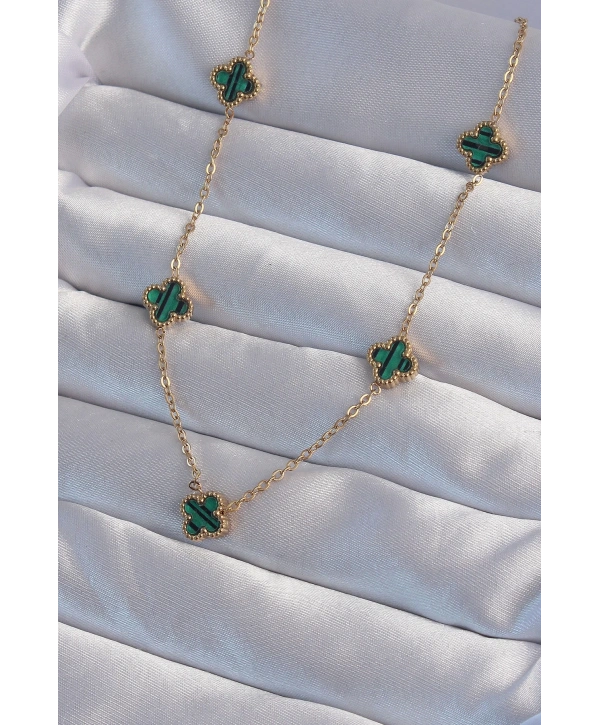 316L Çelik Gold Renk Minimal Yeşil Mineli Yonca Kolye