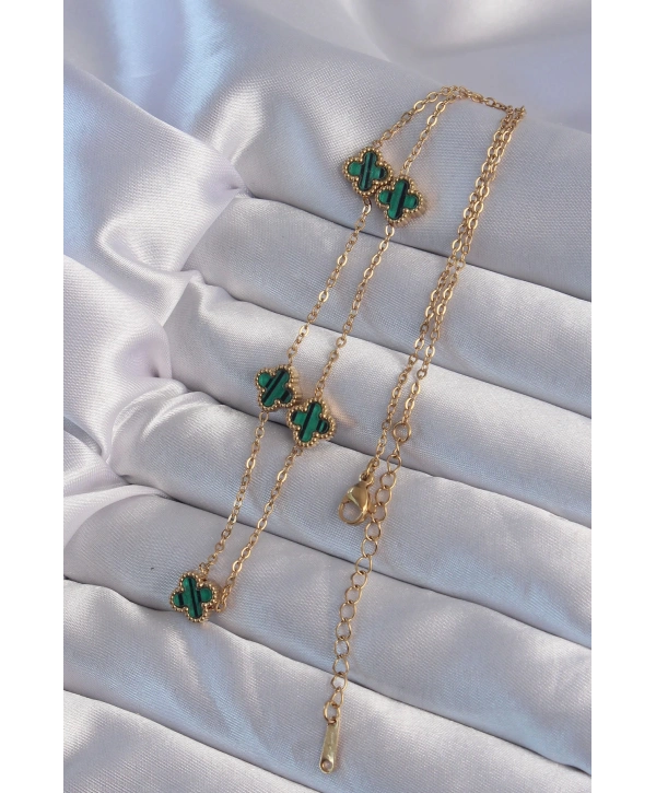 316L Çelik Gold Renk Minimal Yeşil Mineli Yonca Kolye