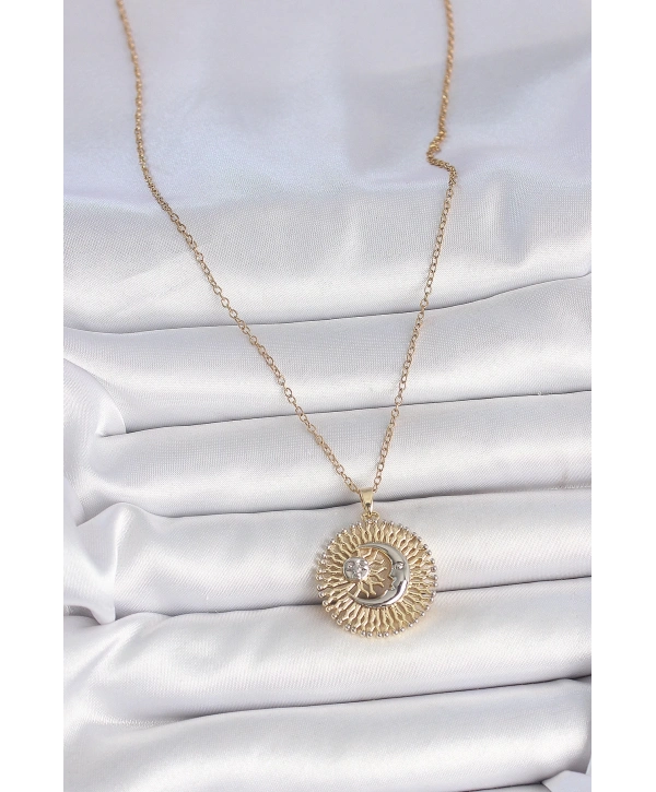 316L Çelik Gold Renk Mix Renk Ay Güneş Model Kadın Kolye