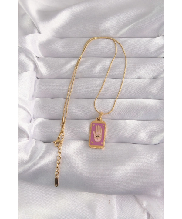 316L Çelik Gold Renk Mor Mineli El Figür Tarot Kolye