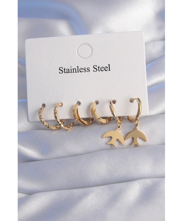 316L Çelik Gold Renk Oval Tasarım Kuş Model Küpe Seti