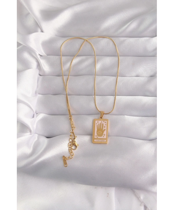 316L Çelik Gold Renk Pembe Mineli El Figür Tarot Kolye