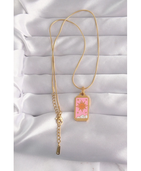 316L Çelik Gold Renk Pembe Mineli Güneş Model Tarot Kolye