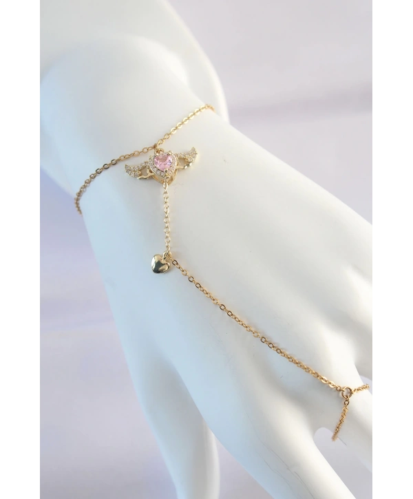 316L Çelik Gold Renk Pembe Zirkon Taşlı Kanatlı Kalp Model Şahmeran