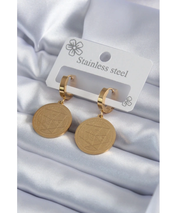 316L Çelik Gold Renk Pentagram İşleme Model Kadın Küpe