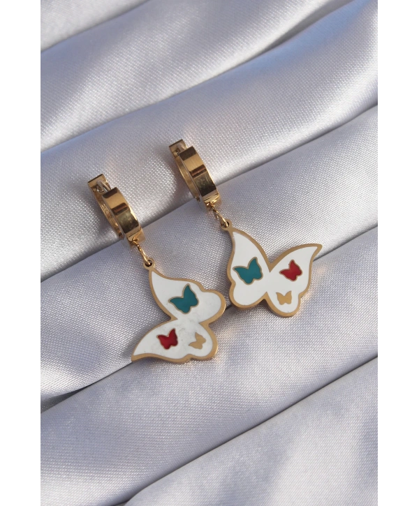 316L Çelik Gold Renk Renkli Mineli Kelebek Küpe