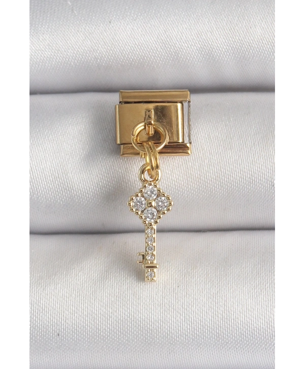 316L Çelik Gold Renk Sallantı Zirkon Taşlı Anahtar Model Nomination Charm