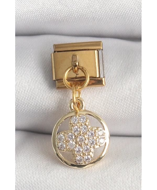 316L Çelik Gold Renk Sallantı Zirkon Taşlı Yonca Model Nomination Charm