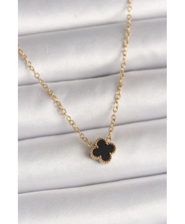 316L Çelik Gold Renk Siyah Yonca Model Kadın Kolye