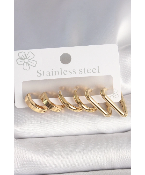 316L Çelik Gold Renk Üçgen Halka Model Kadın Küpe Seti