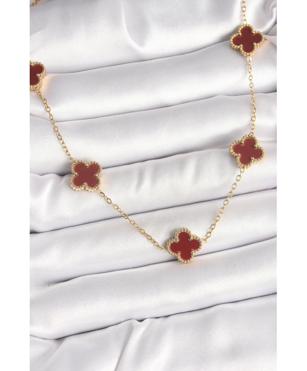 316L Çelik Gold Renk Zincir Bordo Yonca Model Kadın Kolye