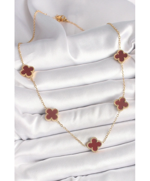 316L Çelik Gold Renk Zincir Bordo Yonca Model Kadın Kolye