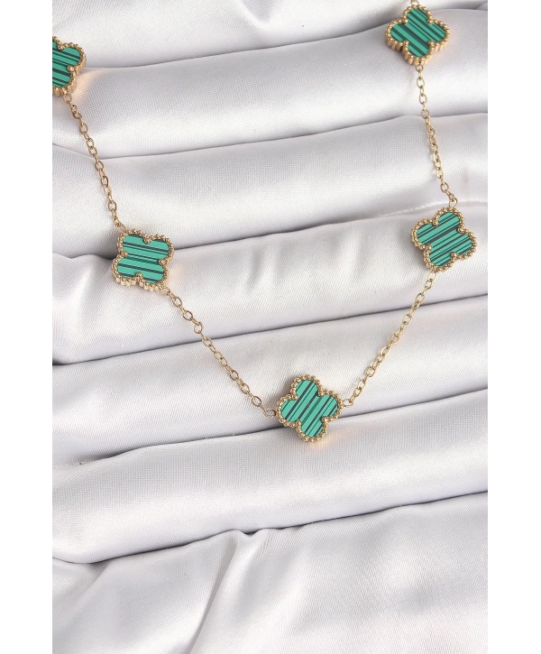 316L Çelik Gold Renk Zincir Yeşil Yonca Model Kadın Kolye