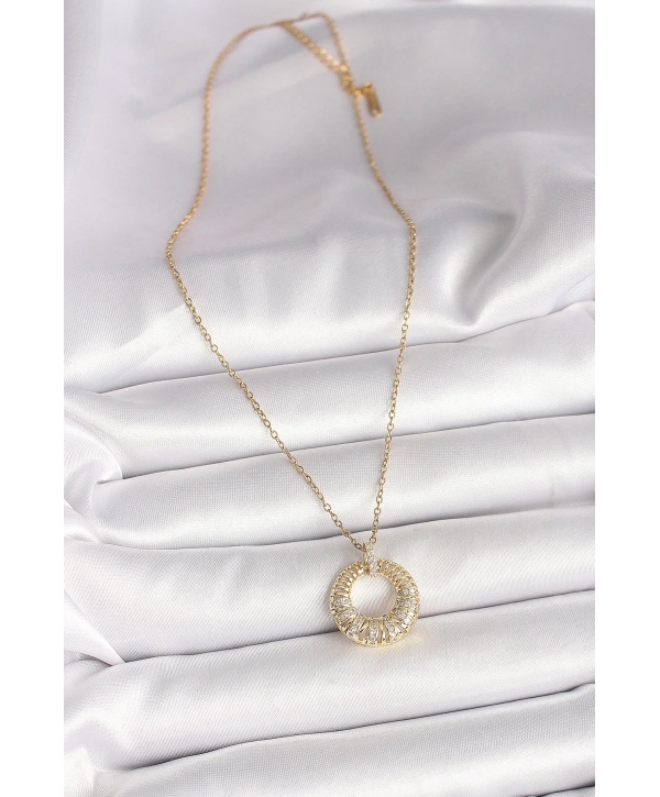316L Çelik Gold Renk Zincir Zirkon Taş İşlemeli Daire Model Kadın Kolye