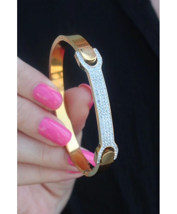 316L Çelik Gold Renk Zirkon Taşlı Kadın Kelepçe