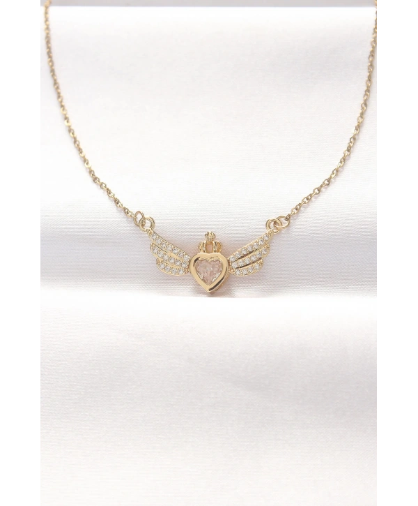 316L Çelik Gold Renk Zirkon Taşlı Kalpli Kanat Kolye