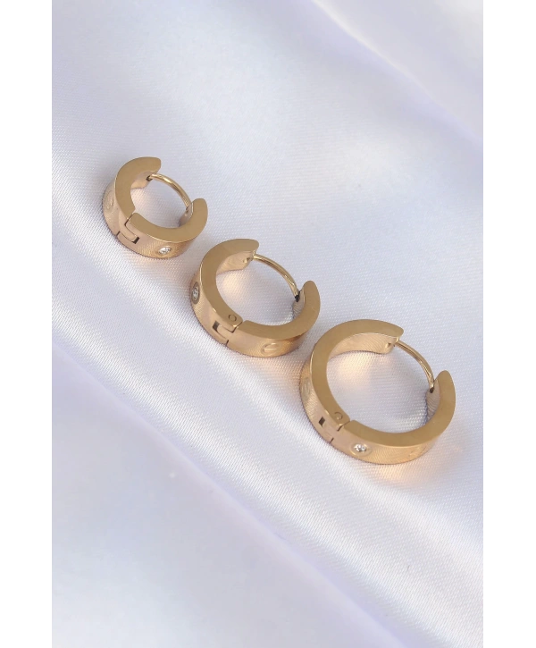 316L Çelik Gold Renk Zirkon Taşlı Model 3lü Halka Küpe