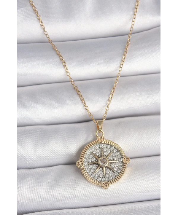 316L Çelik Gold Renk Zirkon Taşlı Pusula Model Kadın Kolye