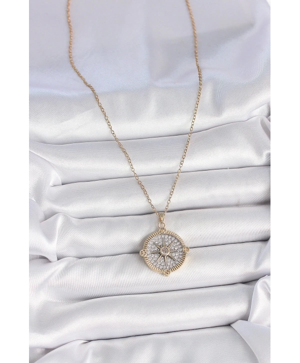 316L Çelik Gold Renk Zirkon Taşlı Pusula Model Kadın Kolye