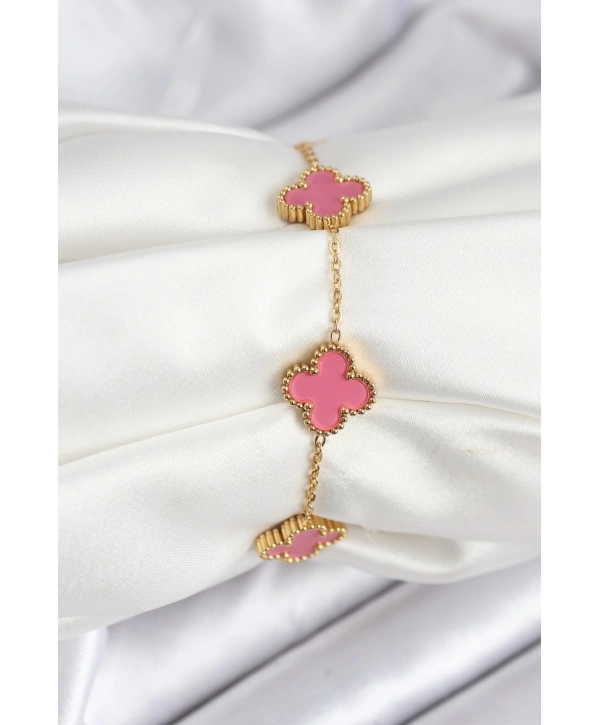 316L Çelik Gold Zincir Pembe Yonca Renk Bileklik