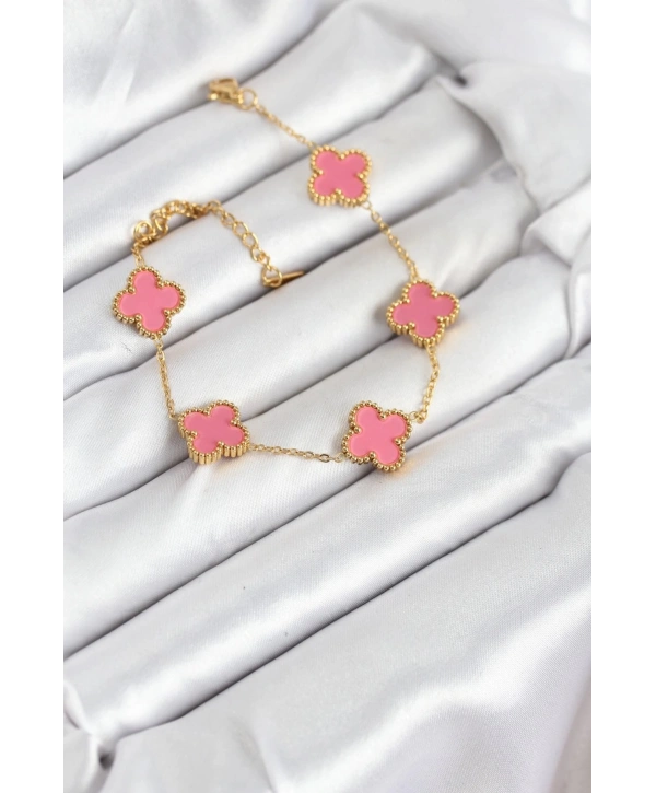 316L Çelik Gold Zincir Pembe Yonca Renk Bileklik