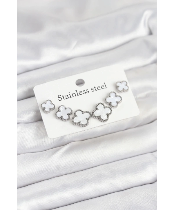 316L Çelik Gümüş Beyaz Renk 3 Boy Yonca Küpe Seti