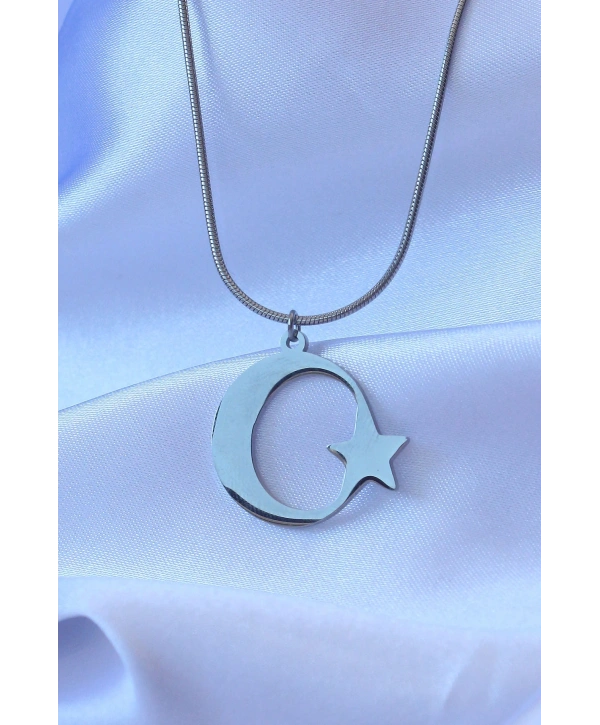 316L Çelik Gümüş Renk Ay Yıldız Model Unisex Kolye