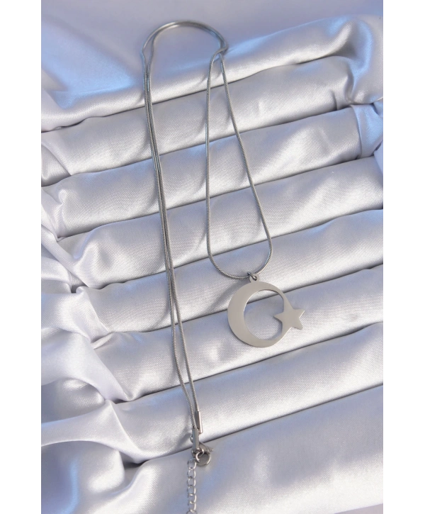 316L Çelik Gümüş Renk Ay Yıldız Model Unisex Kolye