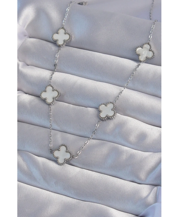 316L Çelik Gümüş Renk Beyaz Sedefli Yonca Kolye