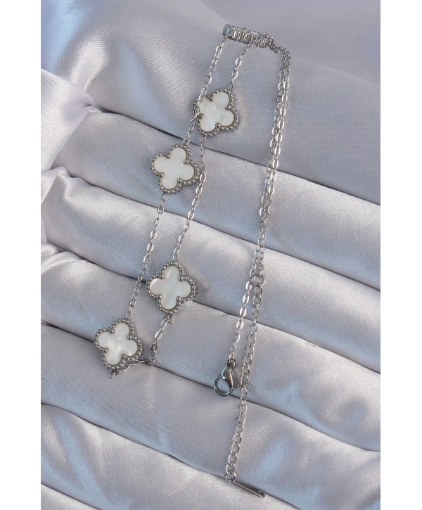 316L Çelik Gümüş Renk Beyaz Sedefli Yonca Kolye