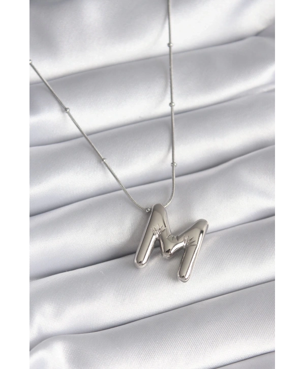 316L Çelik Gümüş Renk Bubble M Harf Model Kadın Kolye