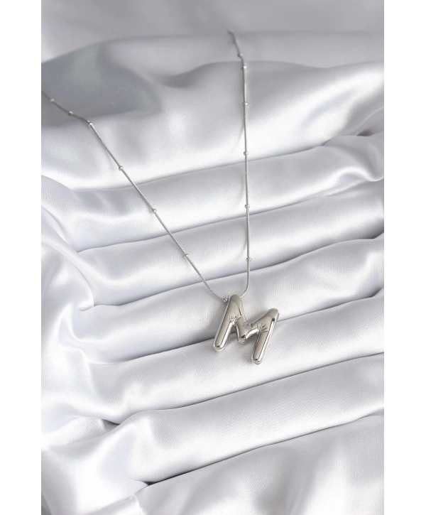 316L Çelik Gümüş Renk Bubble M Harf Model Kadın Kolye