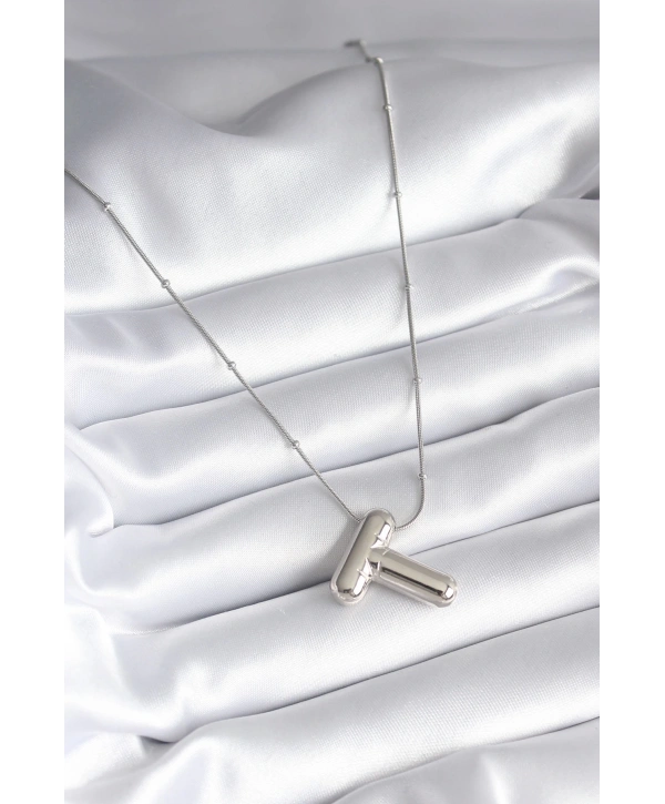 316L Çelik Gümüş Renk Bubble T Harf Model Kadın Kolye